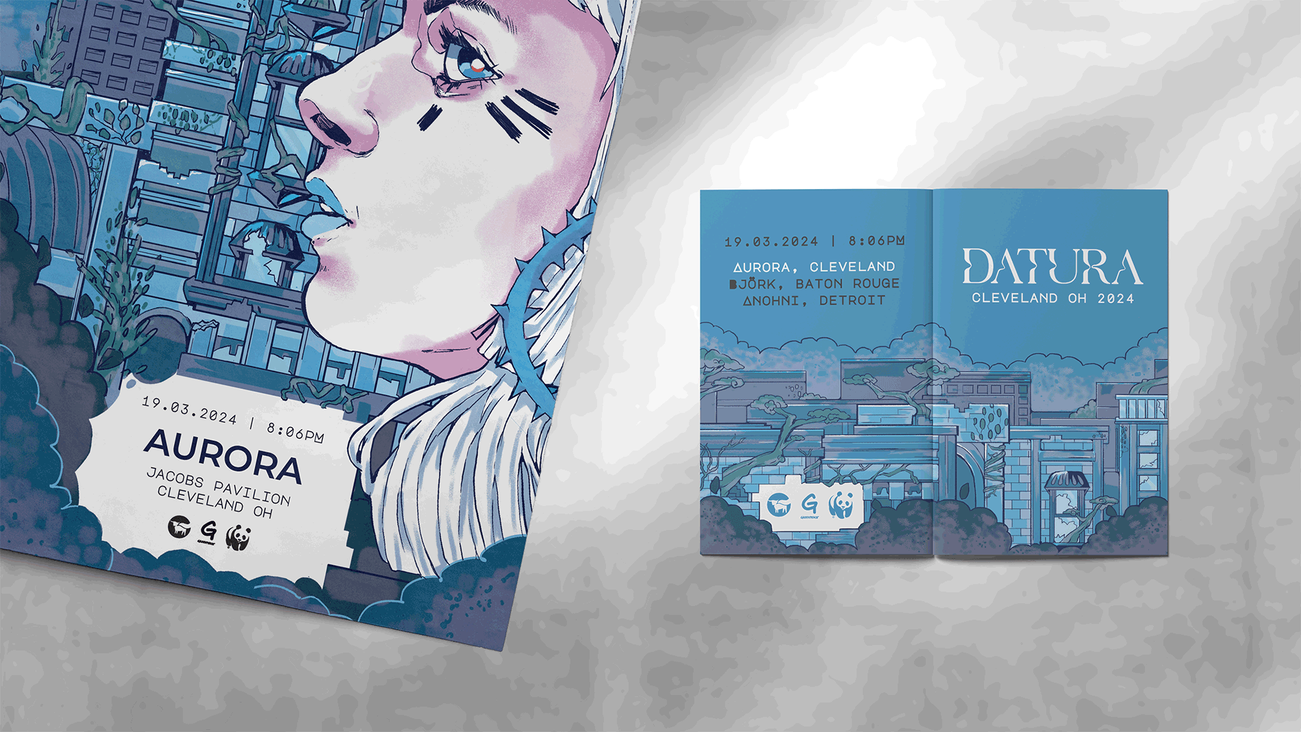 Mockup of Aurora: Cleveland, Bjork: Baton Rouge, and Anohni: Detroit posters on a brick wall. Woman walking past.